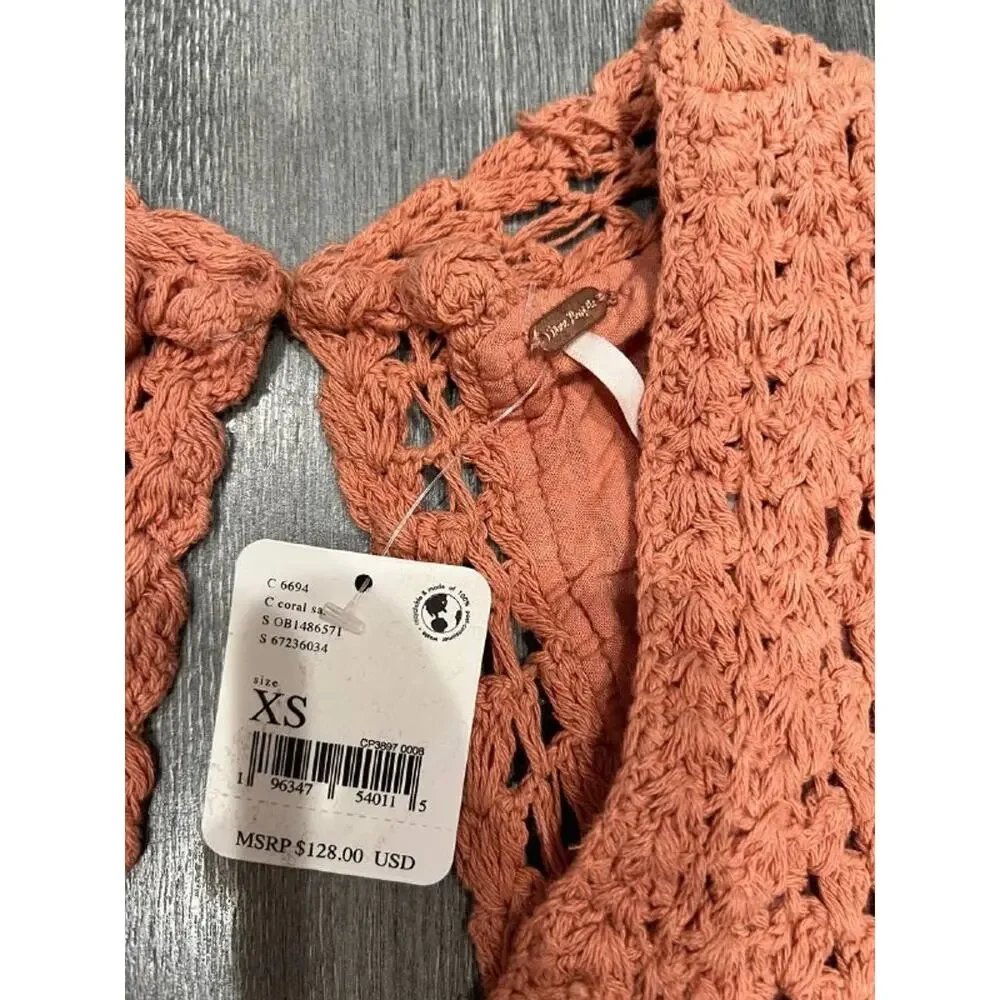 Free People Megan Y2K preppy halter babydoll Crochet Top Coral Sand XS A004059